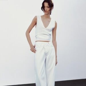 Zara Crossover Waist Wide Leg Cropped White Jeans 2